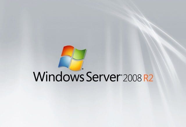 Logotipo de arranque de Windows Server 2008 R2 sobre fondo gris claro.
