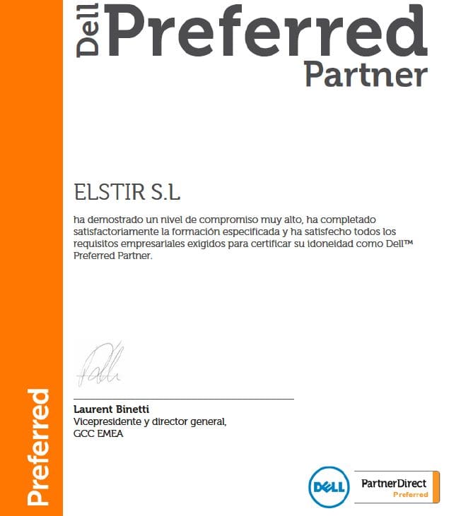Certificado Dell Preferred Partner emitido a ELSTIR S.L., con banda naranja y firma de Laurent Binetti, GCC EMEA