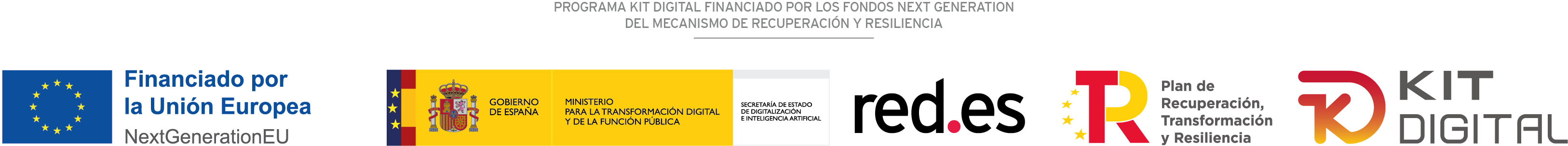 Programa Kit Digital financiado por los fondos Next Generation del Mecanismo de Recuperación y Resiliencia. Financiado por la Unión Europea, NextGenerationEU. Gobierno de España, Ministerio para la Transformación Digital y de la Función Pública. Red.es. Plan de Recuperación, Transformación y Resiliencia.